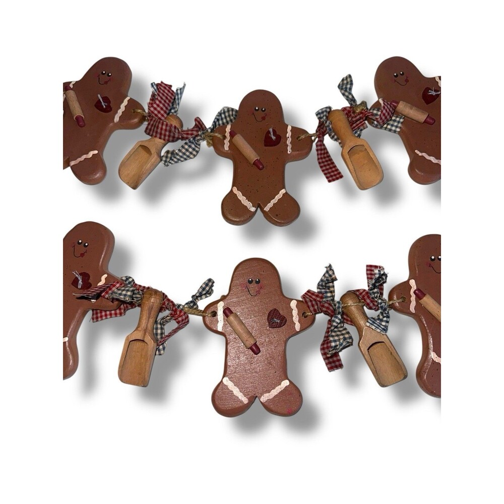 Vintage 90s Gingerbread Garland Grandmacore Wood Beaded Christmas Rustic Decor